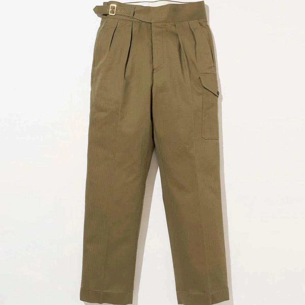 Full-length view of the Tangent TAN12 Arthur Military Green trousers, showing the structured tailored silhouette.