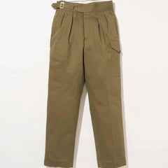 Full-length view of the Tangent TAN12 Arthur Military Green trousers, showing the structured tailored silhouette.