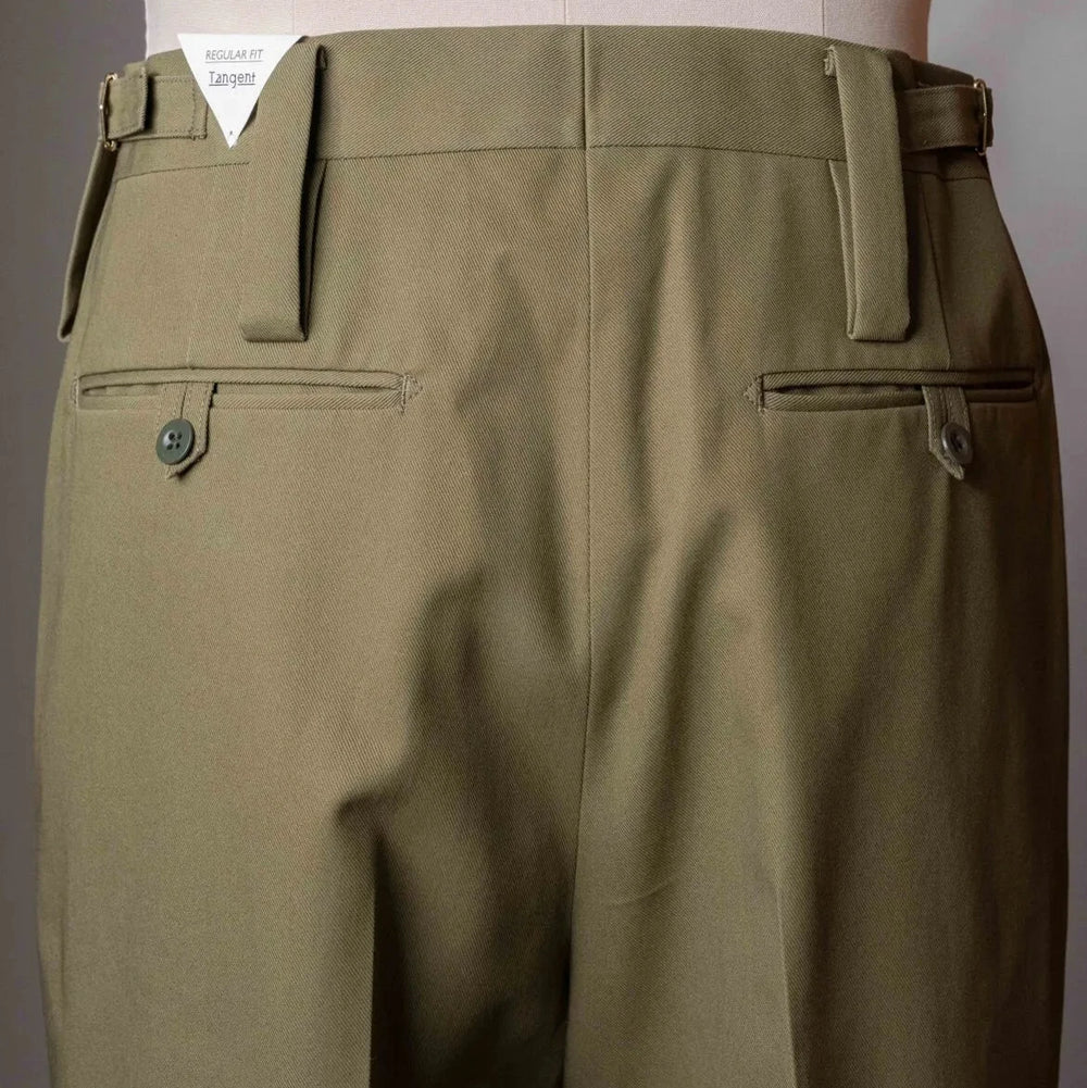 Rear view of the Tangent TAN25 Pat Olive trousers featuring the back pockets and structured fit.