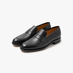 TLB Mallorca 315 Jones Penny Loafer in black box calf leather, made in Spain, front angled view