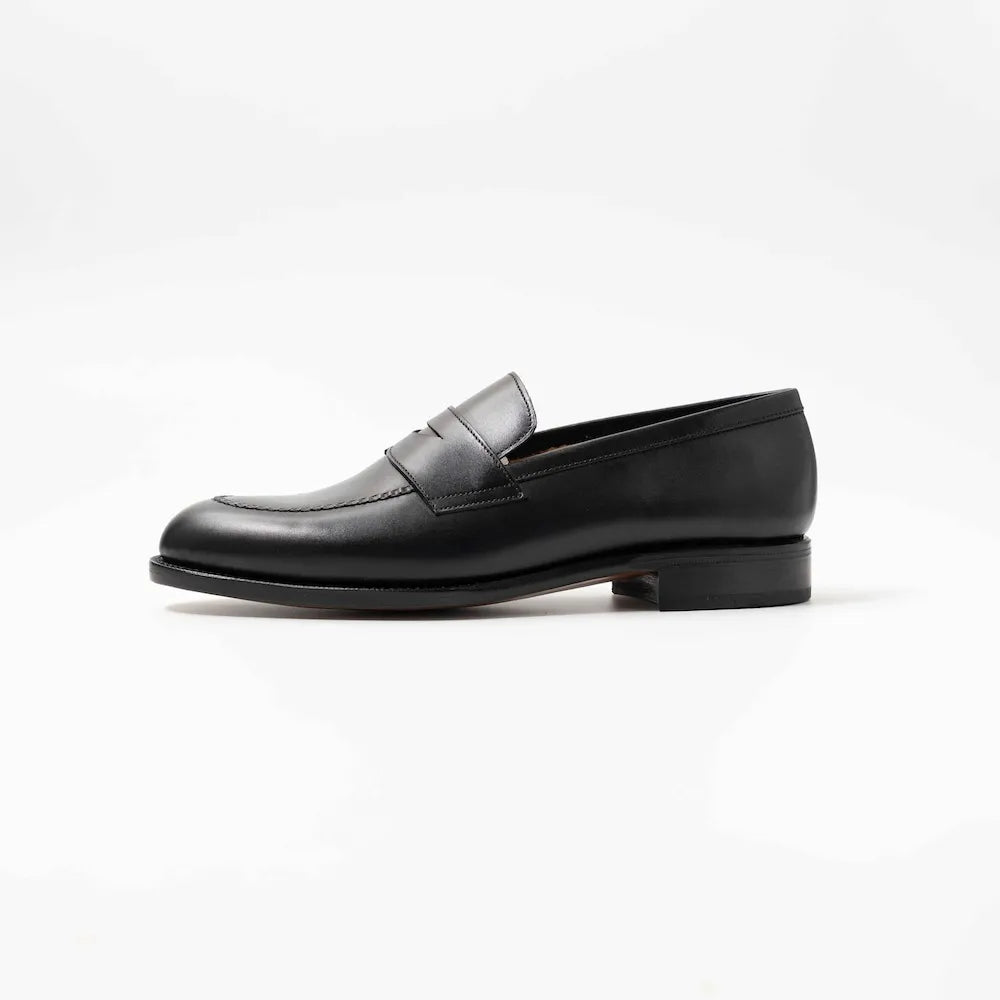 Side view of TLB Mallorca 315 Jones Penny Loafer Black Box Calf showing welt and sole details