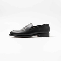 Side view of TLB Mallorca 315 Jones Penny Loafer Black Box Calf showing welt and sole details