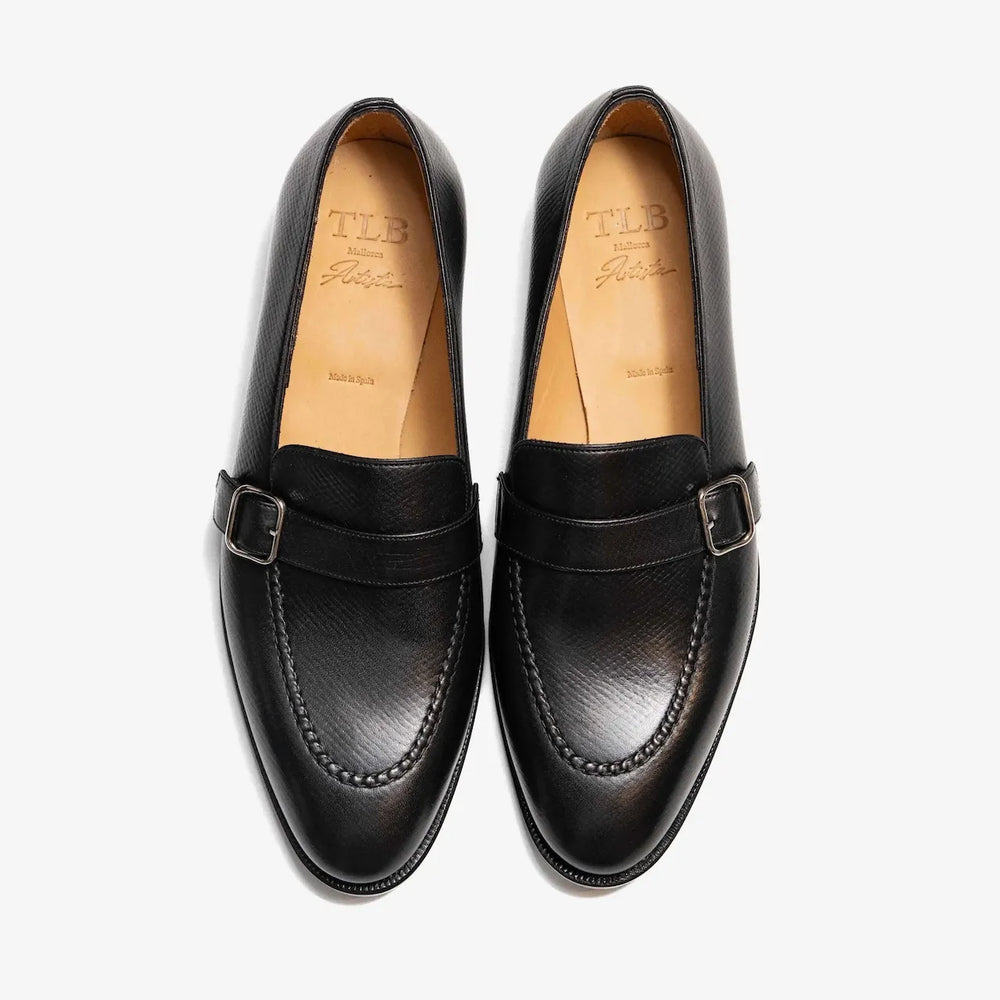 Top-down view showing the buckle detail and grain texture of the TLB Mallorca 325 Goya Buckled Loafer.