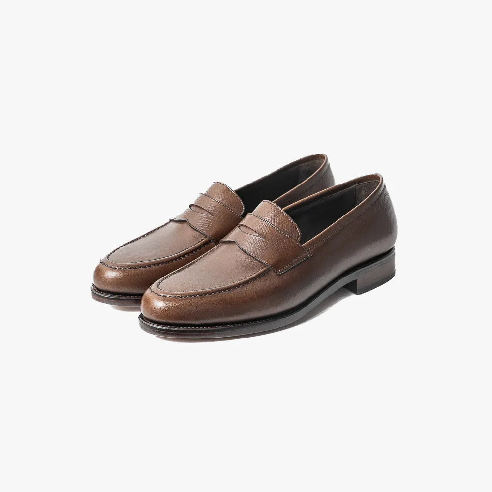 Full view of the TLB Mallorca 718 Queens Penny Loafer in dark brown hatch grain leather showing the classic loafer silhouette.