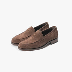Full view of the TLB Mallorca 718 Queens Penny Loafer in dark brown suede showing the classic loafer silhouette and refined proportions.