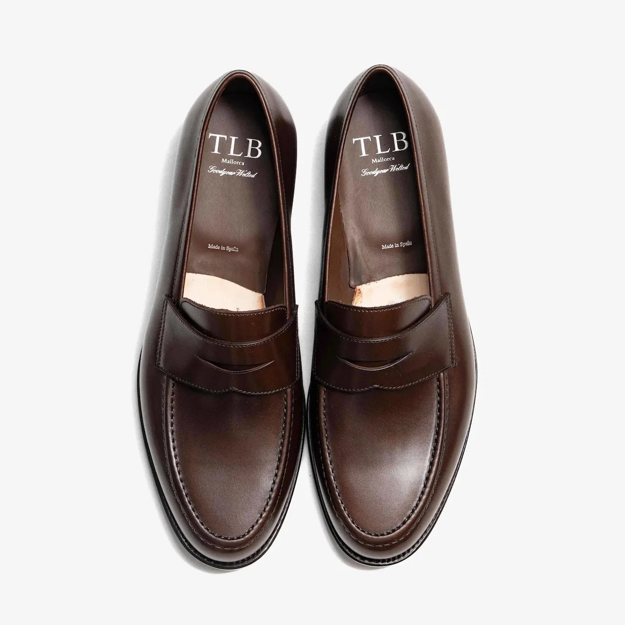 Top-down view showing the penny strap, stitching detail, and smooth finish of the TLB Mallorca 718 Queens Loafer.