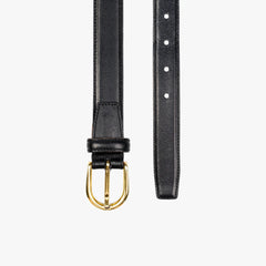Full view of the TLB Mallorca 1.25-inch belt in black calf leather with a brass buckle.
