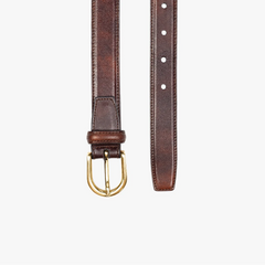 Full view of the TLB Mallorca 1-inch belt in dark brown museum calf leather with a brass buckle.
