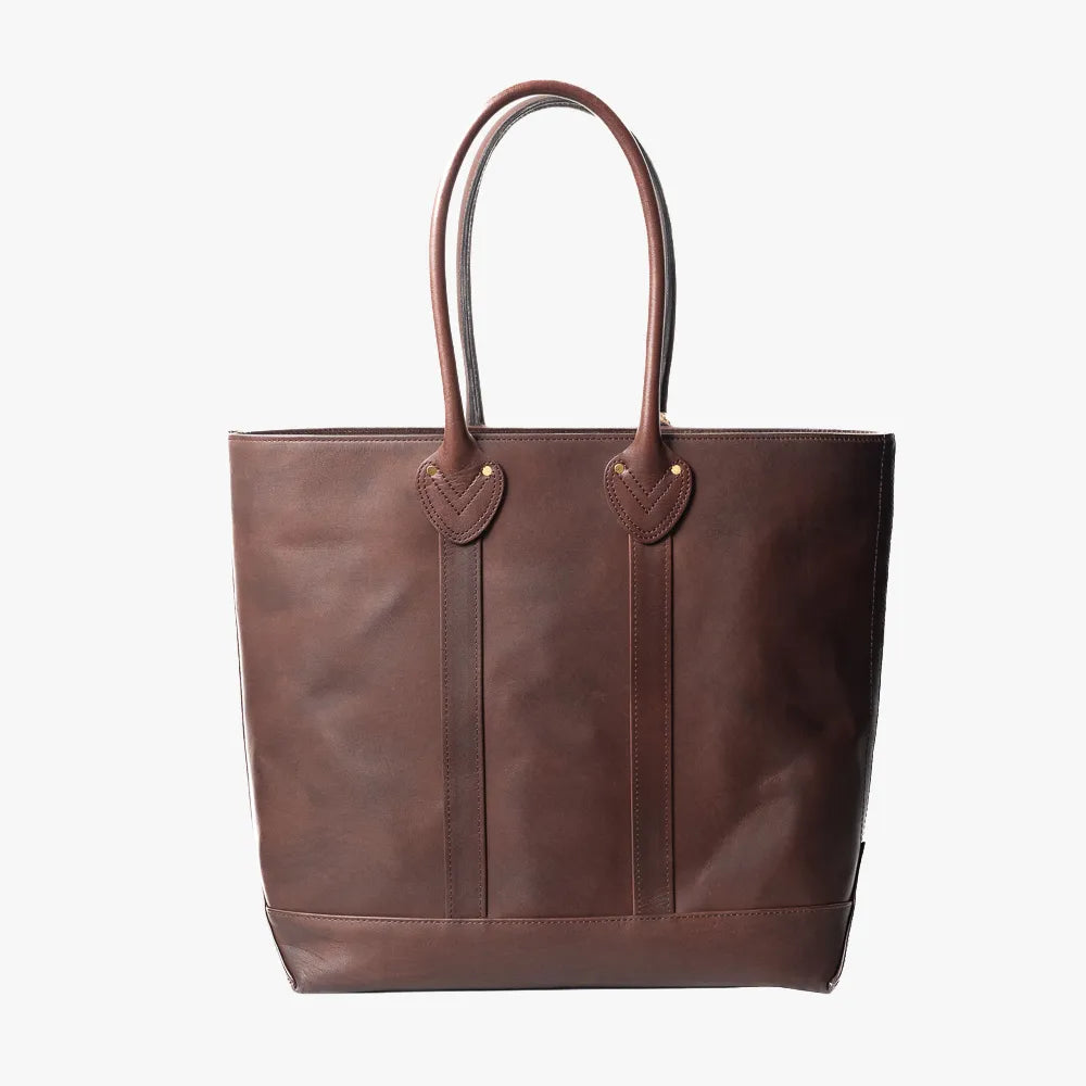 Front view of the Vasco x Refinement Leather Tote in brown showing the structured silhouette and premium leather finish.