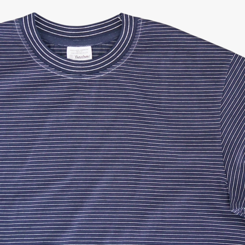 Yonetomi Garment Dyed Random Border T-Shirt Black Navy × White Collar Detail