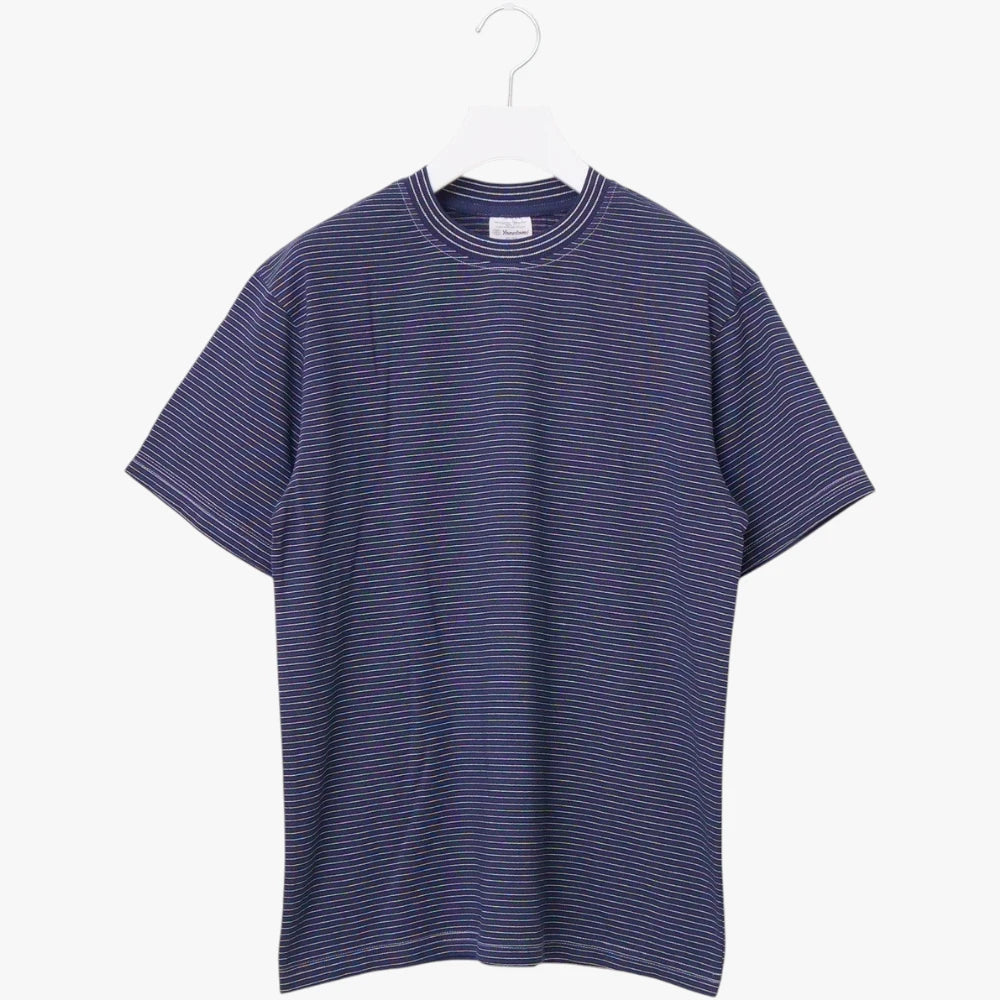 Yonetomi Garment Dyed Random Border T-Shirt Black Navy × White Front View