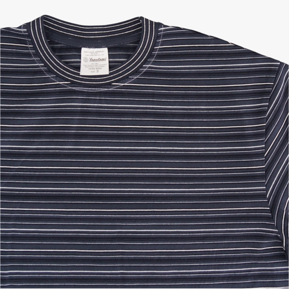 Yonetomi Random Border T-Shirt Black Navy × White Collar Detail