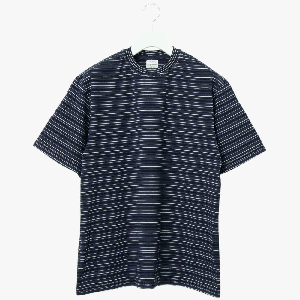 Yonetomi Random Border T-Shirt Black Navy × White Front View